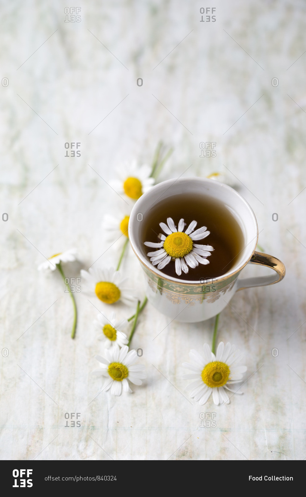 Chamomile tea with chamomile flowers in a cup stock photo - OFFSET