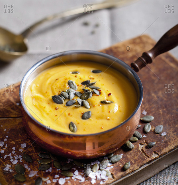 Pumpkin cream soup with pumpkin seeds
