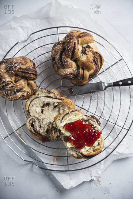 Vegan chocolate rolls with margarine and redcurrant jelly