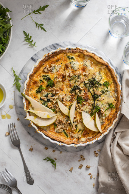 Blue cheese, broccoli, pear and walnut quiche