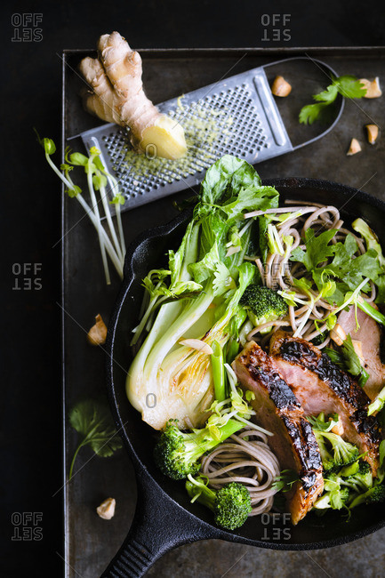 Roasted duck breast with soba noodles, vegetables, cilantro and peanuts in a cast-iron pan
