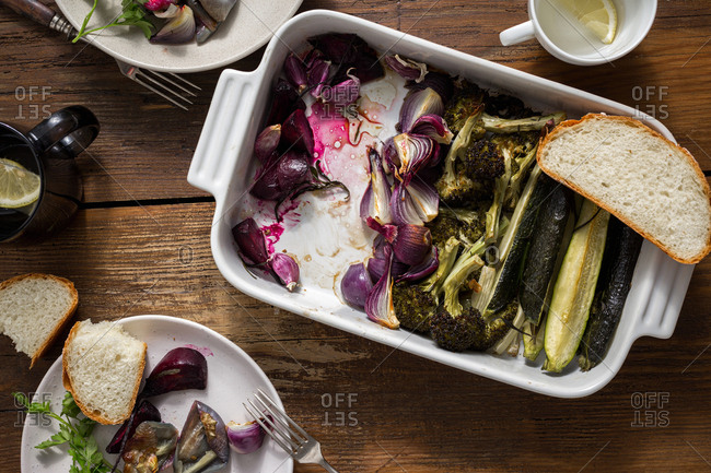 Vegetarian dinner with various baked vegetables