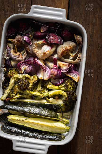 Cooked baked vegetables in a pan