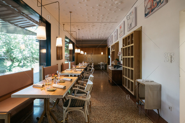 South Tyrol, Italy - September 25, 2018: Interior of an empty restaurant