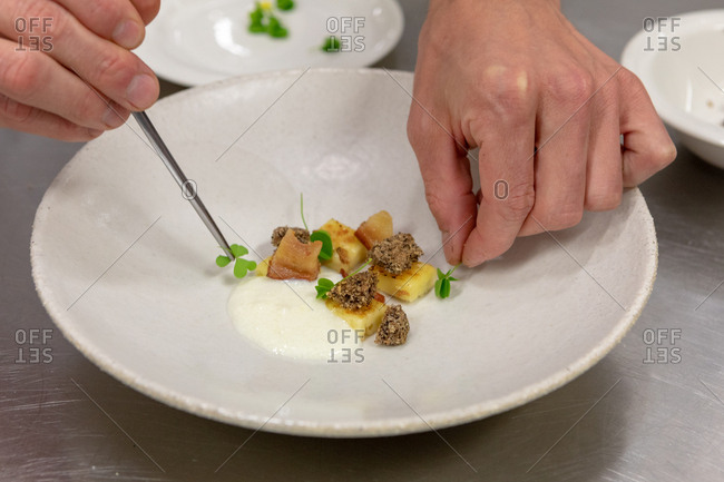 Chef preparing a gourmet cheese appetizer