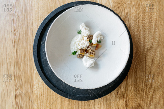 Overhead view of a gourmet cheese appetizer