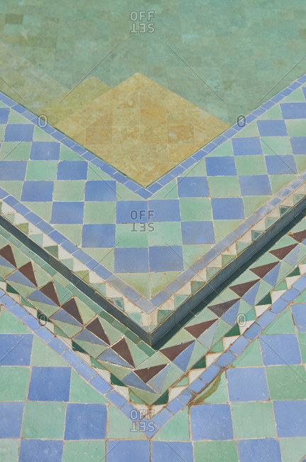 Overhead view of tile work on ground, Marrakesh, Morocco, Africa