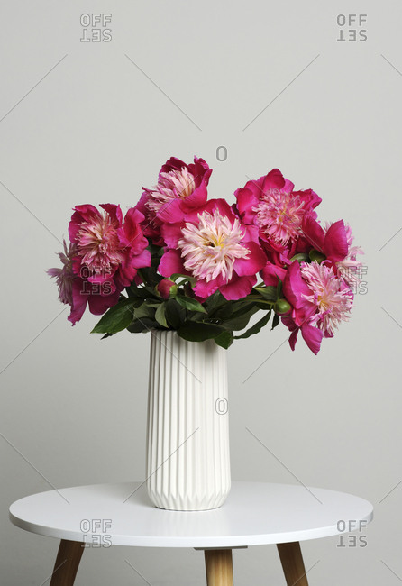 Close-up of pink flowers in vase on stool against gray background