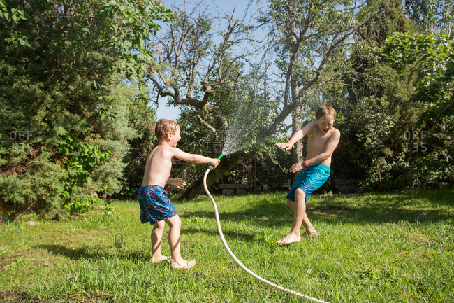 Little children in swimwear running around and splashing water from garden hose at each other