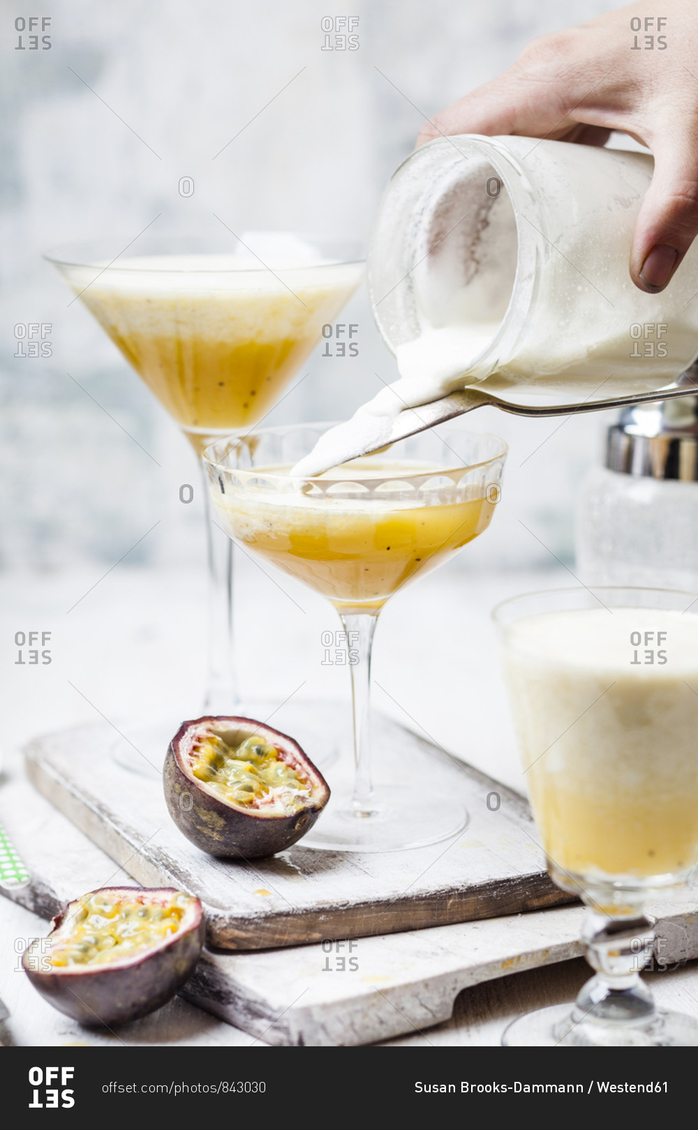 Creamy summer fruit cocktail with passion fruit juice- orange juice- lemon juice- pineapple juice- vanilla- cream