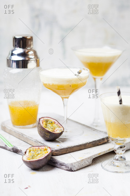 Creamy summer fruit cocktail with passion fruit juice- orange juice- lemon juice- pineapple juice- vanilla- cream