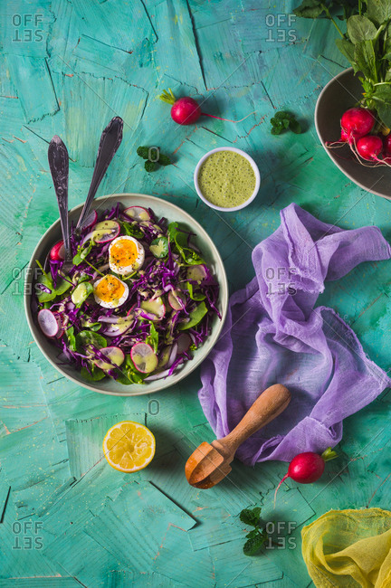 Spring salad with red cabbage, radishes, eggs, watercress and lemon mint dressing