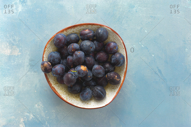 Overhead view of freshly picked plums in plate