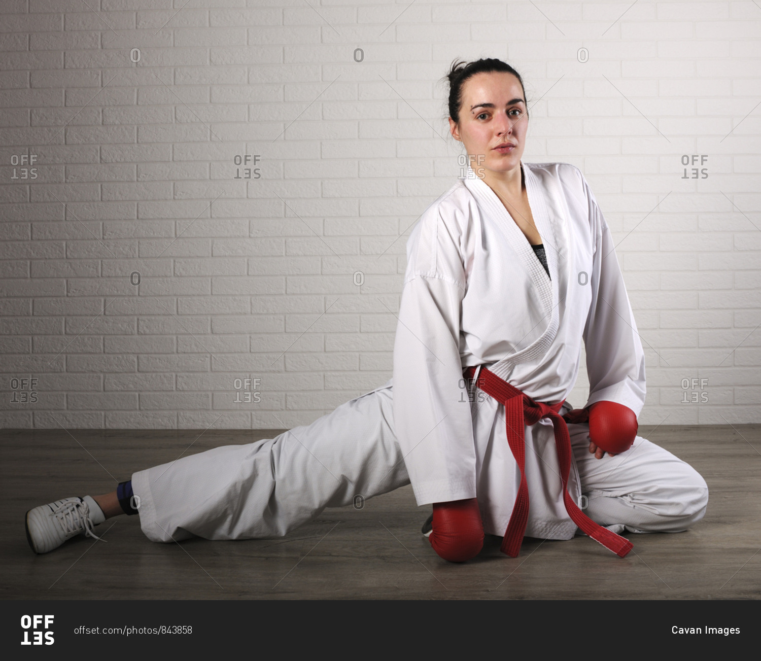 Portrait of confident woman practicing karate against wall on hardwood floor