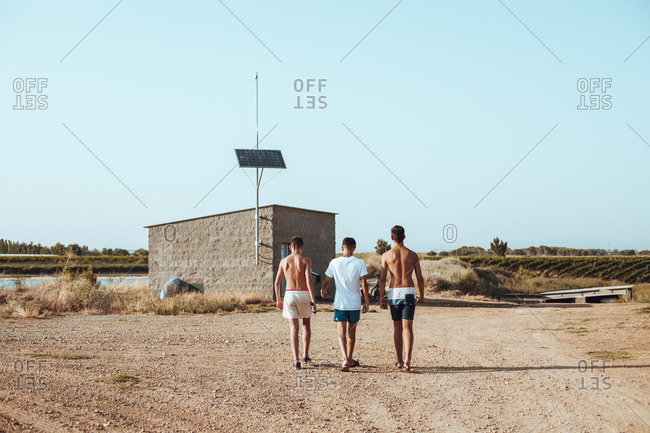 Shirtless friends walking together in a field in summer