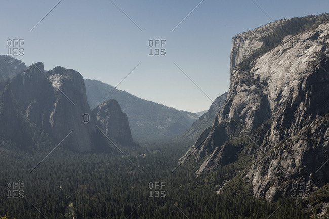 Scenic view of mountains and forest against clear sky at Yosemite National Park