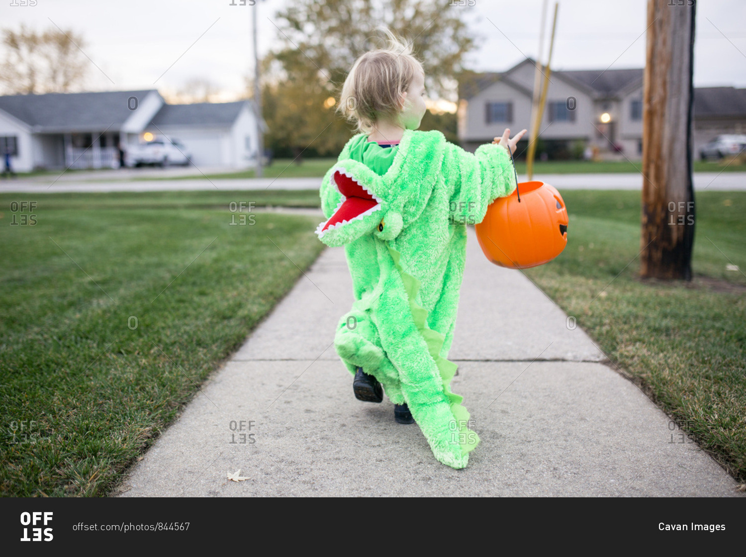Toddler girl dressed as an alligator carrying Halloween bucket
