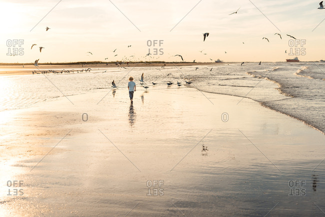 Young boy walking on a beach at sunset