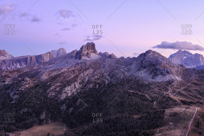 Scenic view of mountains against sky during sunset