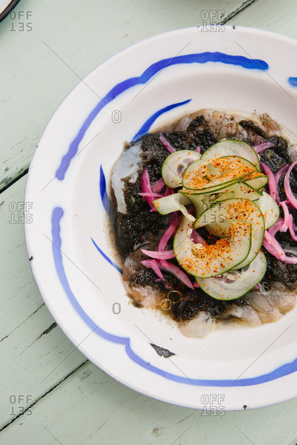Overhead view of a shrimp aguachile dish