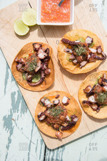 Overhead view of octopus tacos