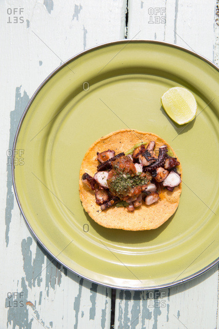 Overhead view of an octopus taco