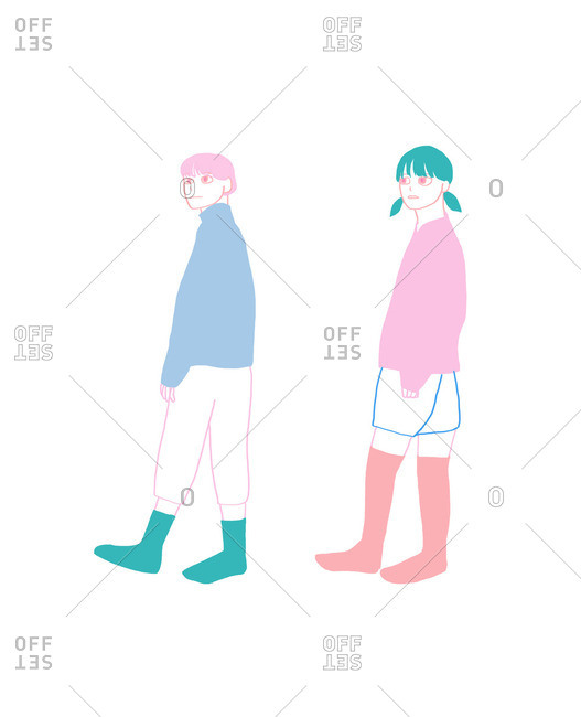 Man and woman walking in the same direction in their socks