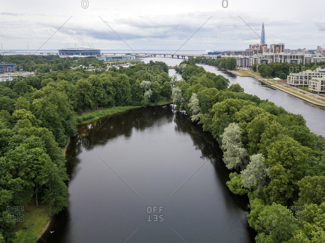 Aerial view over Great Nevka River- St. Petersburg- Russia