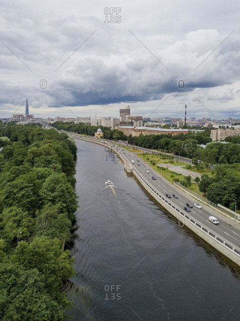 Aerial view over Great Nevka River- St. Petersburg- Russia
