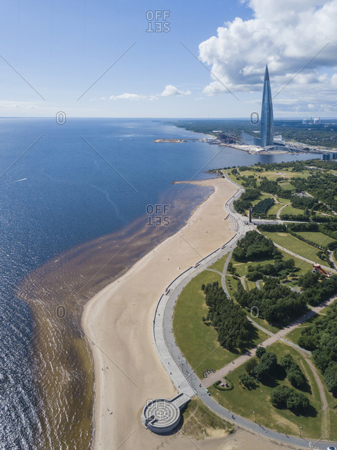 Aerial view over beach and Lakhta Center- St. Petersburg- Russia