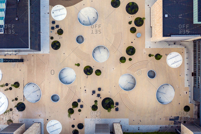 Copenhagen, Denmark - June 27, 2019: Aerial view of Karen Blixens Plads urban space at the University of Copenhagen