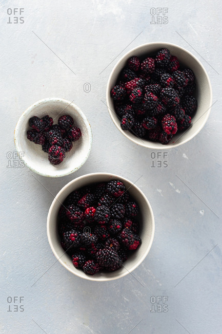 Bowls of fresh blackberries overhead view