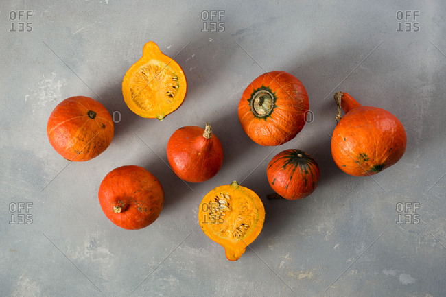 Hokkaido pumpkins on a gray background top view
