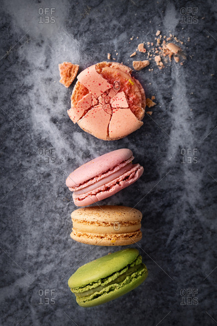 Macarons on a marble background viewed from above