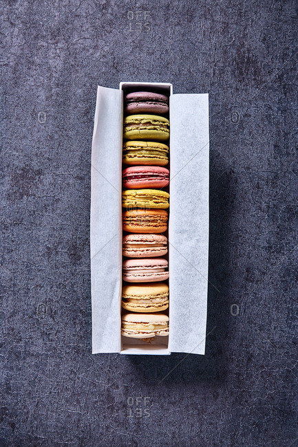 Macarons in a gift box viewed from above