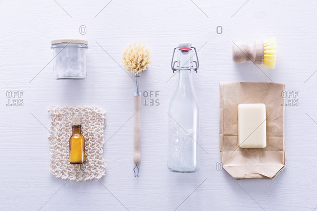 Ecologically friendly brushes, cleaning rags, soap and baking soda