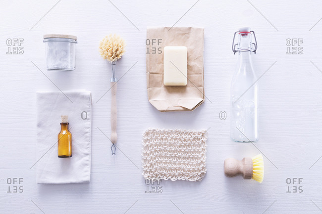 Ecologically friendly brushes, cleaning rags, soap and baking soda