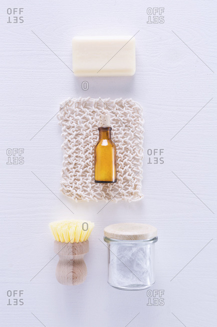 Ecologically friendly cleaning rag, soap and baking soda