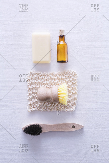 Ecologically friendly brush, cleaning rag, soap and baking soda