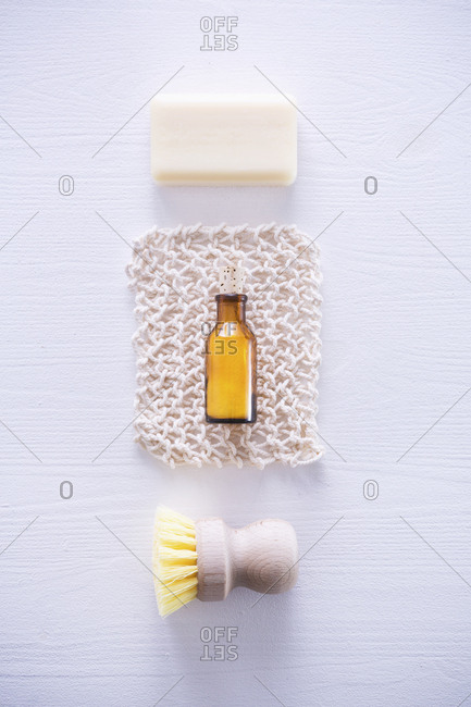 Ecologically friendly brush, cleaning rag, soap and baking soda