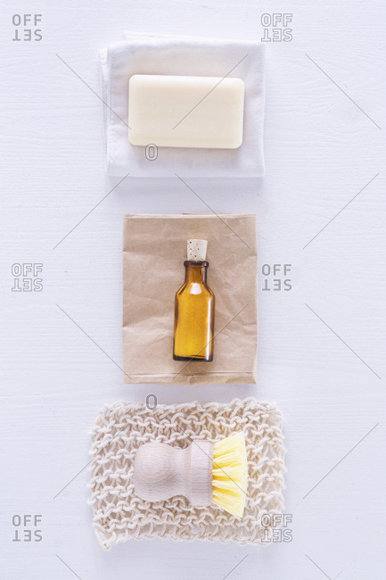 Ecologically friendly brush, cleaning rag, soap and baking soda