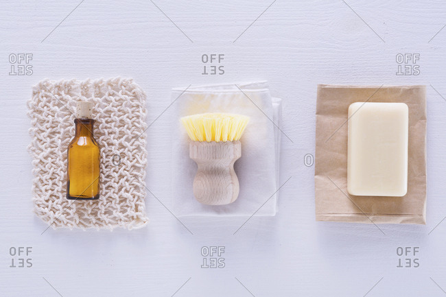 Ecologically friendly brush, cleaning rag, soap and baking soda