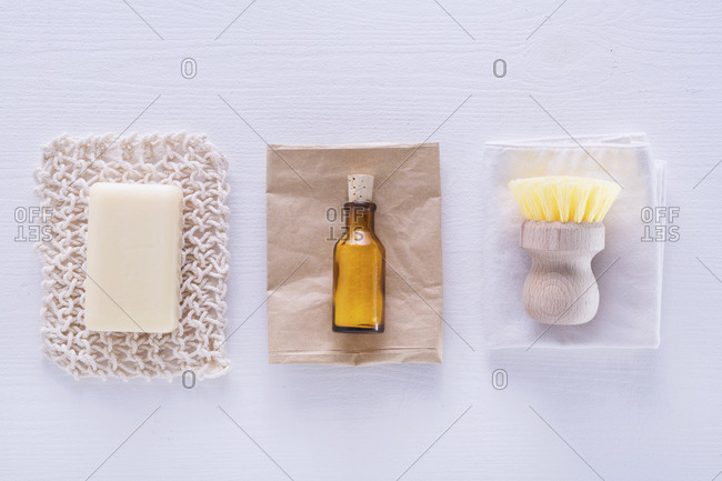 Ecologically friendly brush, cleaning rag, soap and baking soda