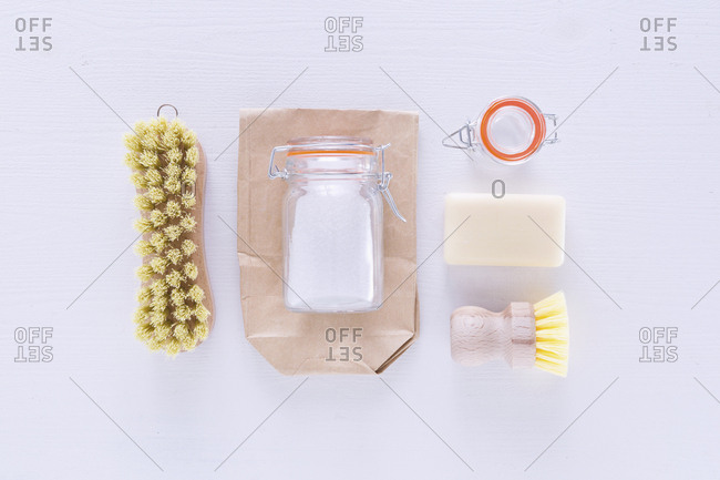 Ecologically friendly brushes, soap, cleaning powder and baking soda