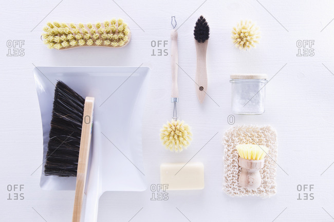 Ecologically friendly brushes, cleaning rags, soap and baking soda