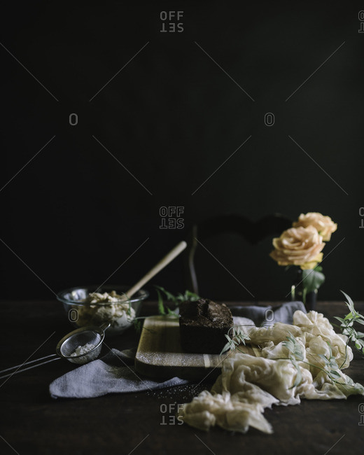 Chocolate loaf bread with peanut butter icing and caramel drizzle