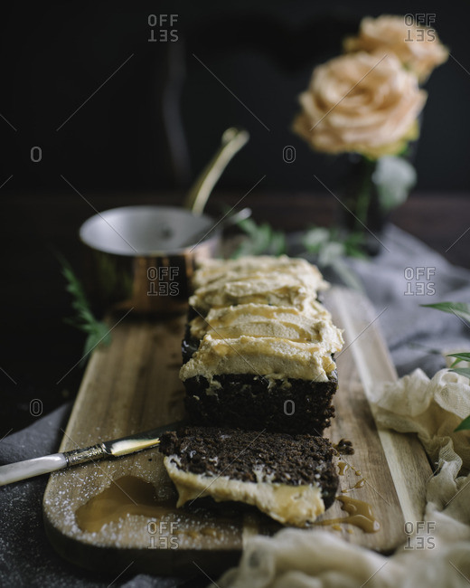 Chocolate loaf bread with peanut butter icing and caramel drizzle