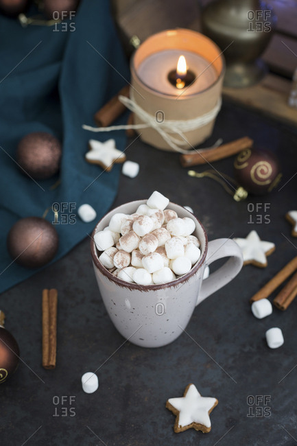 Cup of Hot Chocolate with marshmallows at Christmas time
