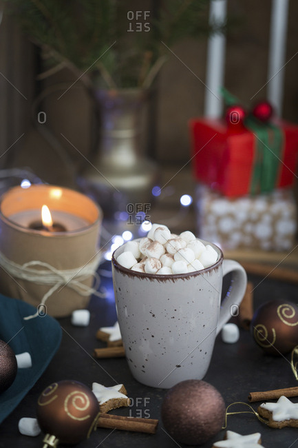 Cup of Hot Chocolate with marshmallows at Christmas time