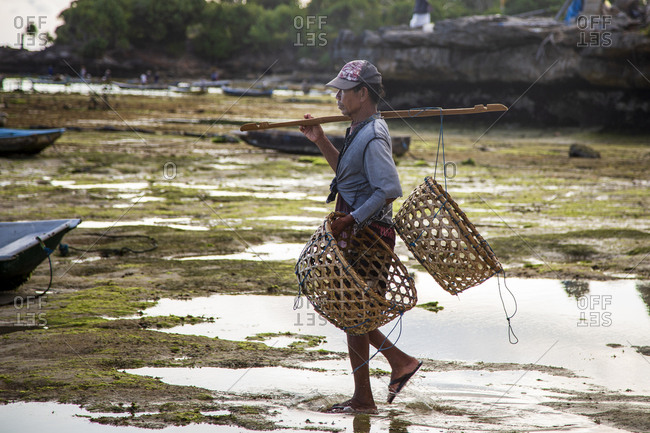 Indonesia, Bali, Nusapenida - April 27, 2014: Seaweed farmer carrying baskets walks across beach